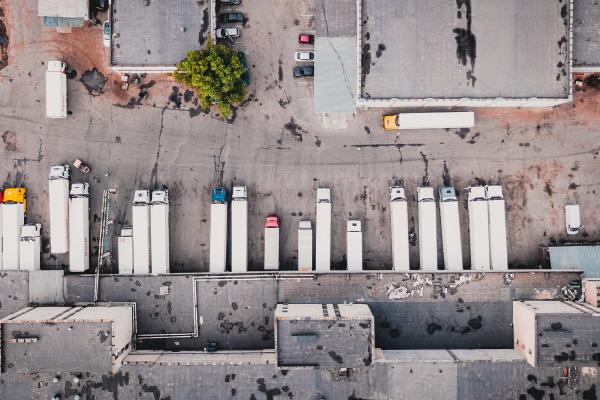 Aerial view of loading docks with trucks