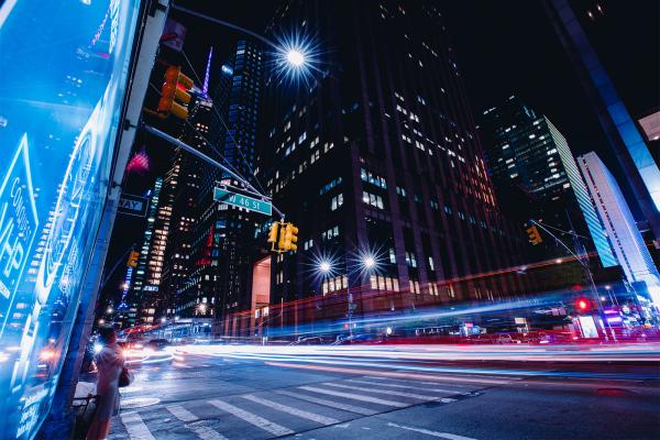 Timelapse photo of W46th street in NYC at night