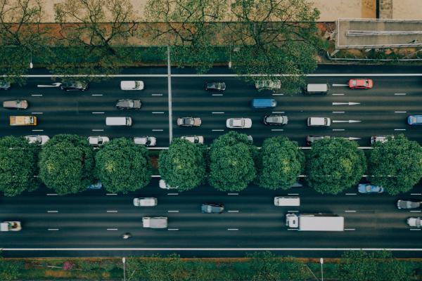 Cars moving on a two way road divided by a strip of trees in the middle