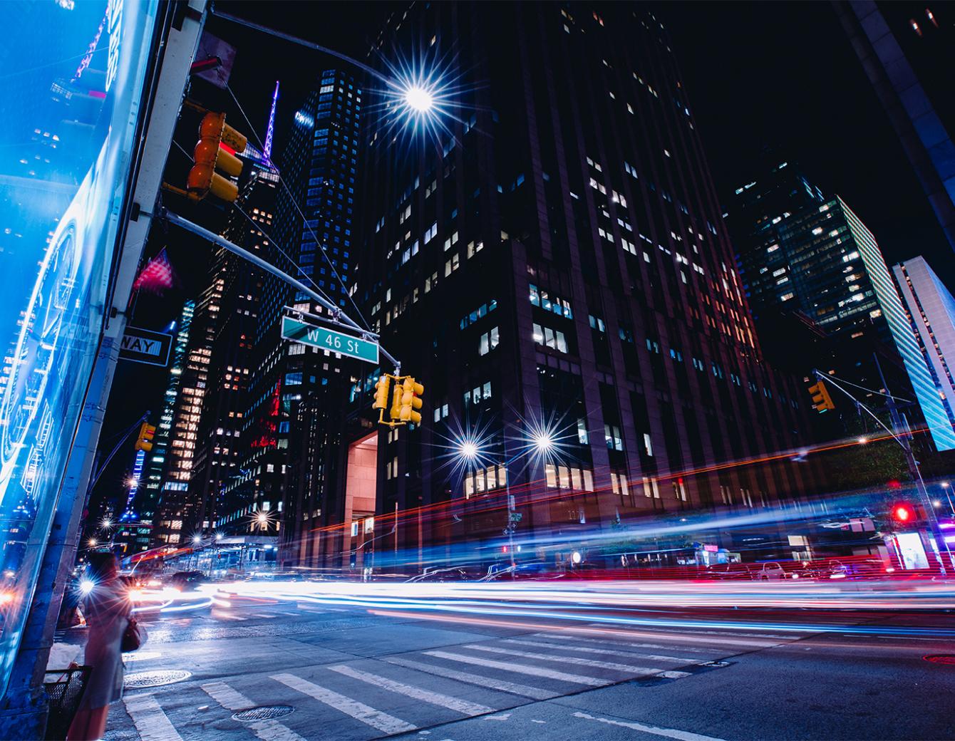 Timelapse photo of W46th street in NYC at night