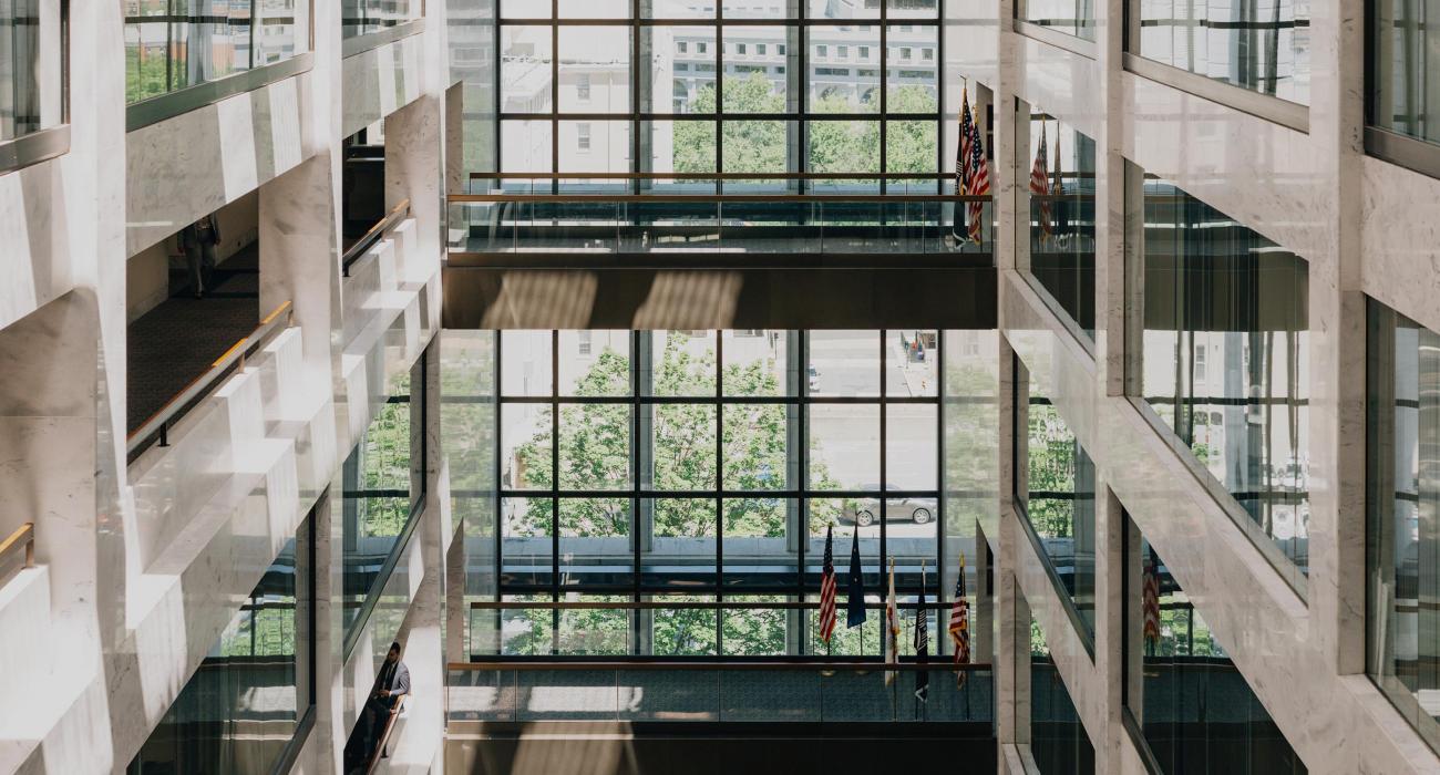 Brightly sunlit federal building atrium