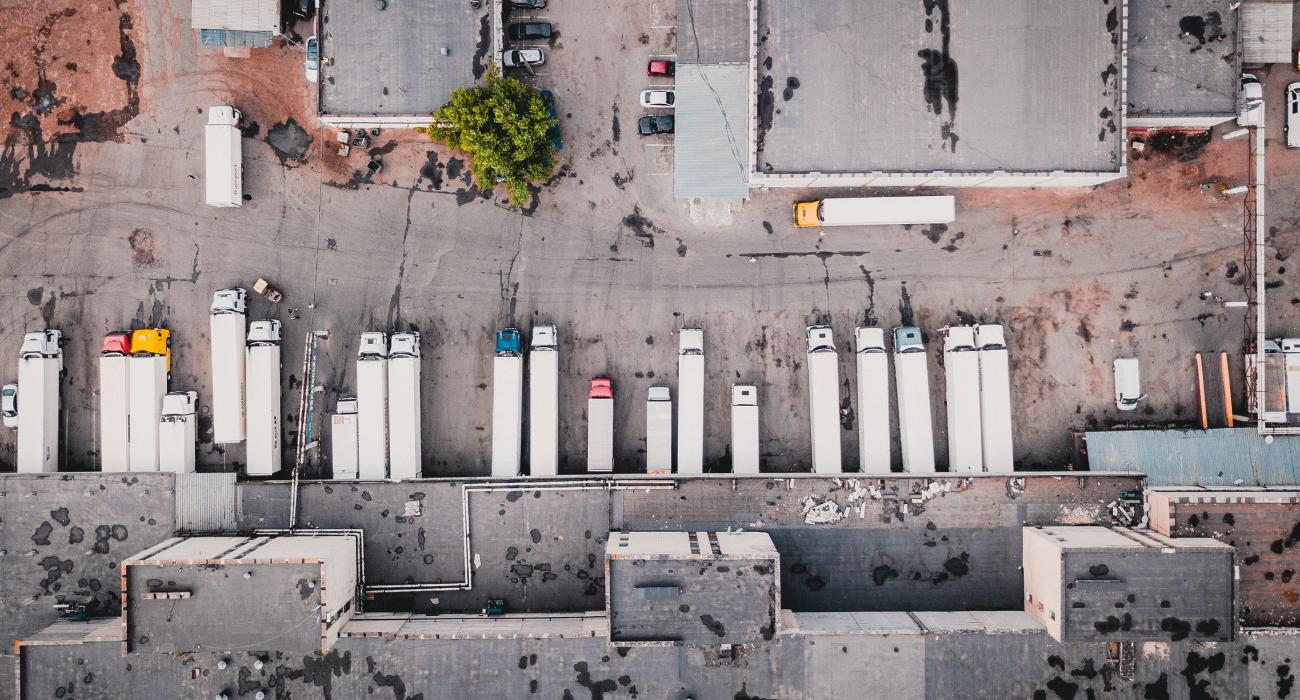 Aerial view of loading docks with trucks