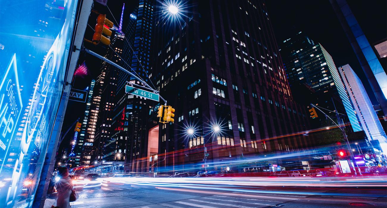 Timelapse photo of W46th street in NYC at night