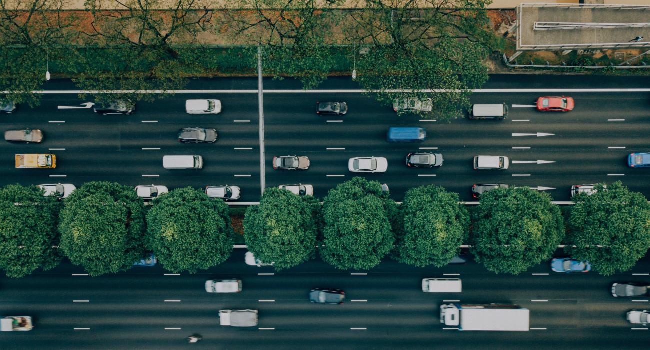 Cars moving on a two way road divided by a strip of trees in the middle