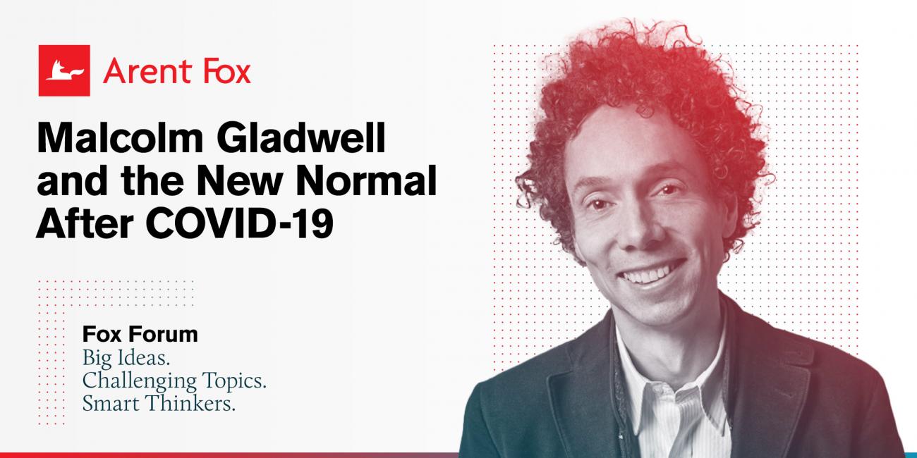 Malcolm Gladwell on gray background announcing speaking event